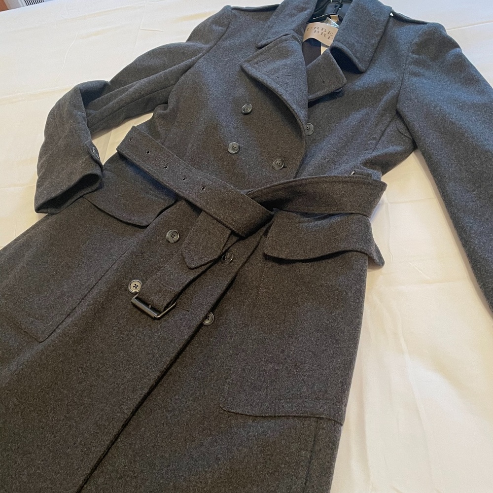 Burberry Brit Grey Wool Double Breasted Belted Coat